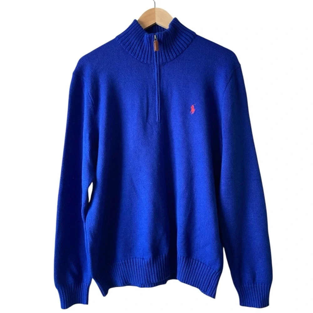 POLO RALPH LAUREN Men’s Blue Cotton 1/4 Zip Long Sleeve Pony Pullover Sweater L
